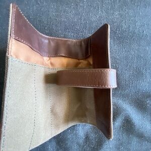 Levenger Brown Leather and Tan Fabric Cosmetic Bag